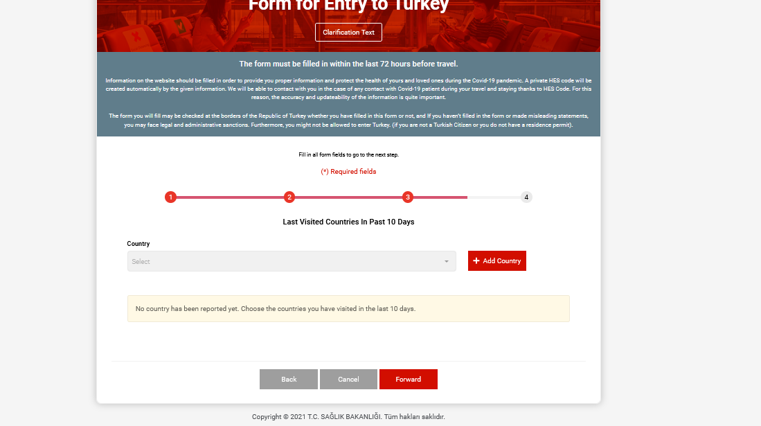 HES KOD obrazac, Uslovi ulaska u Republiku Tursku